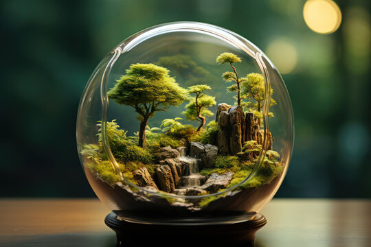 A glass terrarium houses a miniature ecosystem, showcasing the delicate balance of flora and fauna thriving within its transparent confines. Concept of contained natural harmony. Generative Ai.