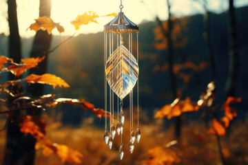 A delicate glass wind chime dances in the breeze, creating a soothing melody that harmonizes with...