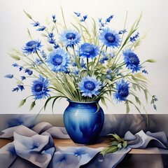 Floral painting. Beautiful blue flowers illustration.