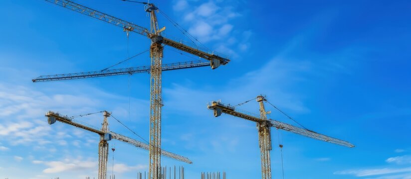 Cranes at a building construction site against the blue sky background. Generated AI image