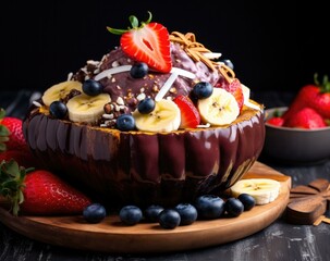 A delicious bowl of ice cream with fresh berries and bananas. Generative AI.