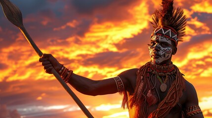 African tribal warrior with face paint, traditional clothing, and a spear, posing fiercely against a dramatic sunset backdrop