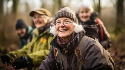 Journey for group of older women, dressed in outdoor clothing, walking together through a lush forest - Powered by Adobe