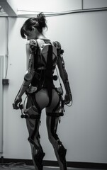 A woman in a futuristic robot suit standing in a room. Generative AI.