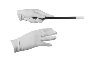 Magician with magic wand on white background, closeup