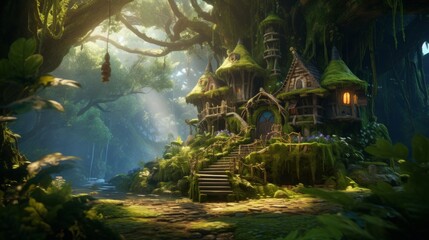 a detailed old overgrown cottage fantasy tree house in a mystical rainforest