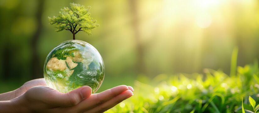 Human hand holding transparent glass globe with growing tree on nature green blur background.