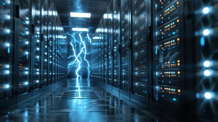 Electricity lightning in dark servers data center room storage systems 3D rendering