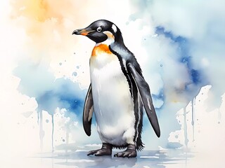 penguin on watercolor background 