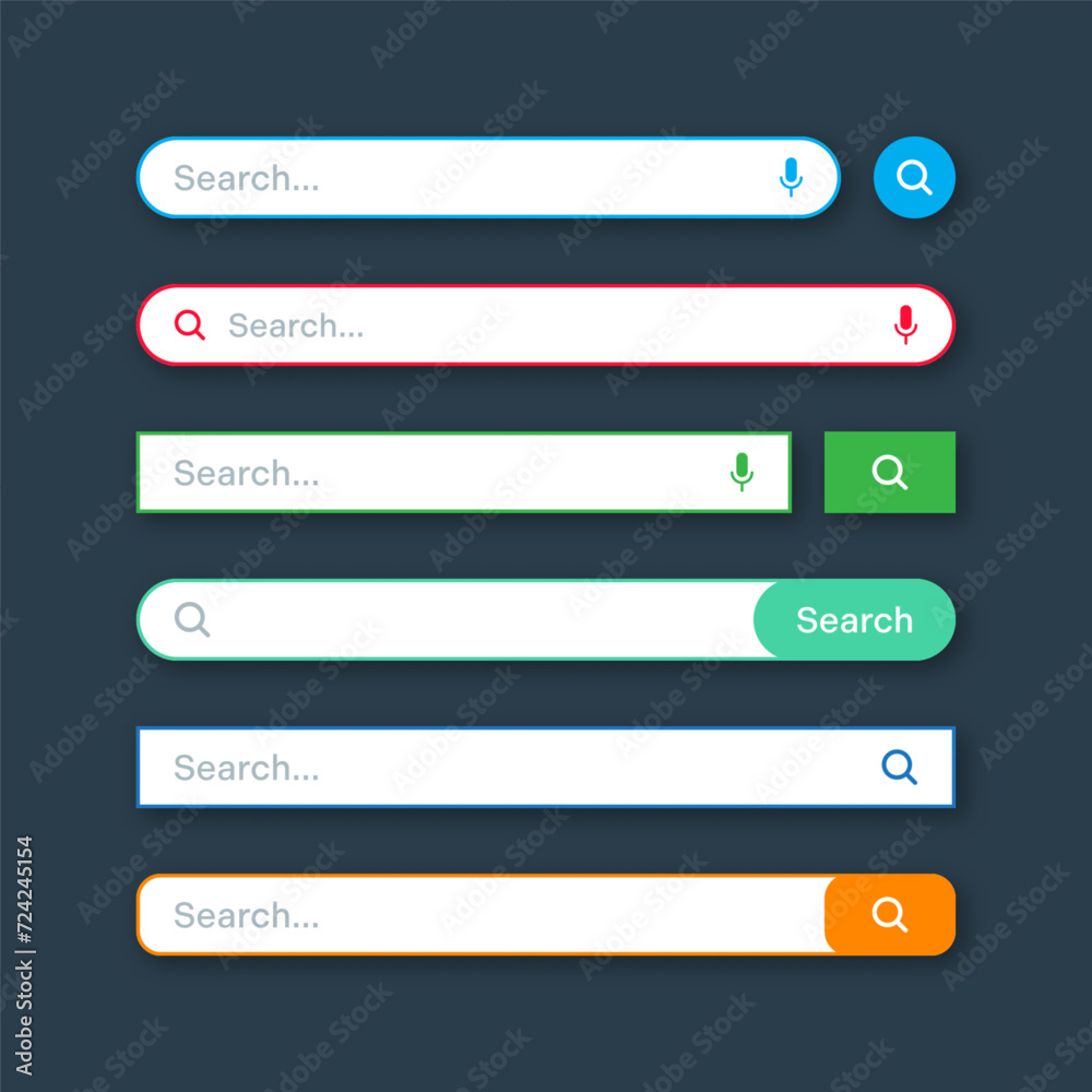 Poster Colorful search bar templates. Internet browser engine with search box, address bar and text field. UI design, website interface element with web icons and push button. Vector illustration