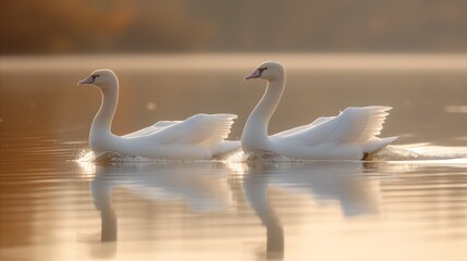Two White Swans Swimming Gently on a Lake