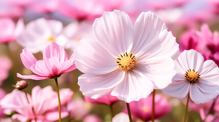 pink cosmos flowers, Cosmos flowers, Pink cosmos flower field in garden with blurry background and soft sunlight. Close up flowers blooming on softness style in spring summer under sunrise