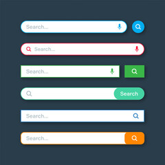 Colorful search bar templates. Internet browser engine with search box, address bar and text field. UI design, website interface element with web icons and push button. Vector illustration