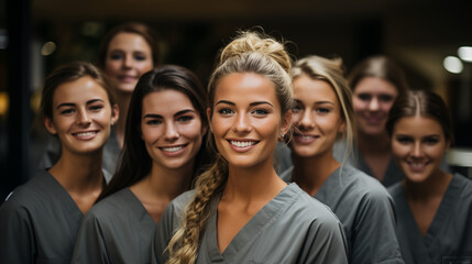 Obraz premium Group Portrait Of cosmetologists. Portrait of qualified females cosmetologists smiling confidently in medical center