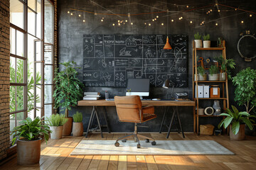A home office with a chalkboard wall for brainstorming and project planning, encouraging creativity and organization. Concept of creative and functional home office elements. Generative Ai. - obrazy, fototapety, plakaty