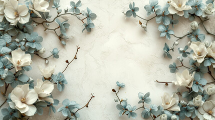 Floral composition with light, airy masses of small white flowers on pastel white  background, top view, frame. Gypsophila blue Baby's-breath flowers