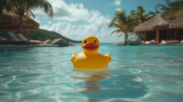 Yellow rubber duck toy floating in water. Yellow duck on the tropical beach. Concept travel and vacation