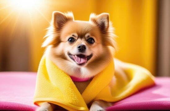 Happy spitz on wrapped in yellow terry towel, sunlight, blurred background. Pet spa care, dog grooming. Pet spa