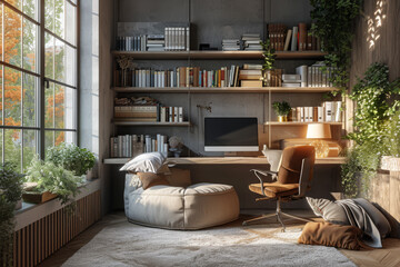 A home office with a comfortable reading nook, combining work with relaxation and leisure. Concept of multifunctional and comfortable home workspaces. Generative Ai.