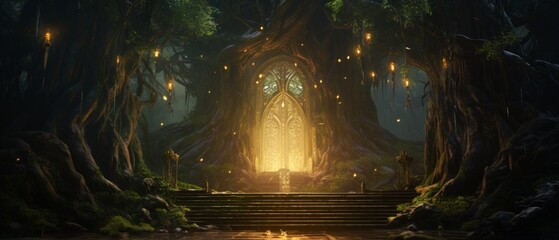 gate to a fantasy realm, giant living trees