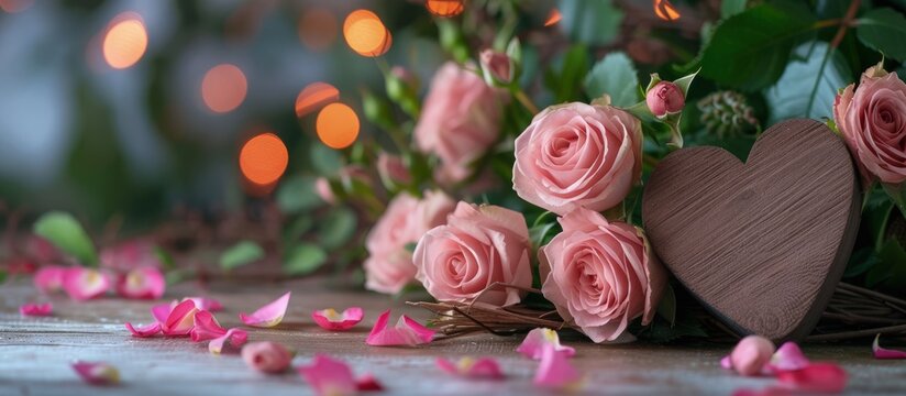 Bouquet of pink roses flower with wooden heart shaped on blur background. Generated AI image
