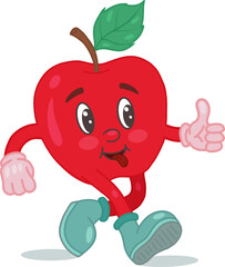 Retro cartoon apple mascot in the groove style. Vector illustration of a cute apple. Nostalgia of the 60s, 70s, 80s.Hand-drawn funny cartoon character in retro vintage fashion style.