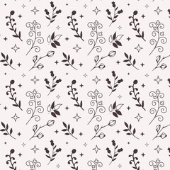  Seamless pattern with elements of branches with leaves, stars and plants