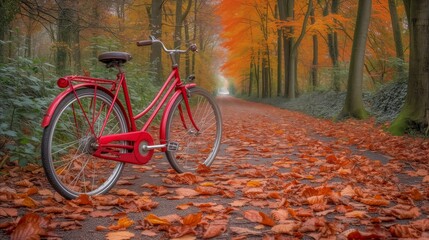 Red Bike Parked on Leaf Covered Road - Powered by Adobe