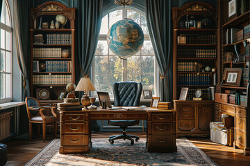 A home office with a vintage design, featuring antique furniture and classic decor. Concept of nostalgic and personality-filled home office spaces. Generative Ai.