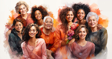 Cheerful multigenerational and multiracial women celebrating unity and feminity on women's day. Illustration in watercolor style