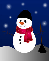 Snowman and stars. Snowman with a broom against the background of the night sky with stars. Vector illustration EPS10.