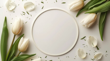 White round 3d frame with small delicate white flowers on white background. wedding cards, bridal shower or other party invitation cards, Place for text. Flat lay, top view. - obrazy, fototapety, plakaty