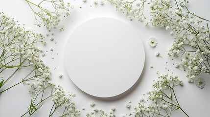 White round frame with small delicate white flowers on white background. wedding cards, bridal shower or other party invitation cards, Place for text. Flat lay, top view. - obrazy, fototapety, plakaty