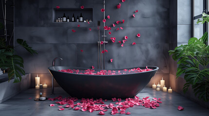 Fototapeta na wymiar Luxurious black bathroom with a bathtub adorned with rose petals sets the stage for an intimate and unforgettable evening of love