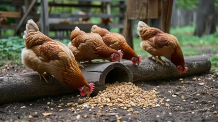 Fotobehang A group of Orpington chickens pecks grains near a wooden structure outdoors. © Irina