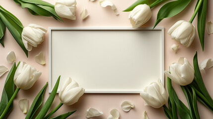 white square frame with space for text, surrounded by white tulip flowers with green petals, wedding card, parties, baby shower or mothers day greeting cards