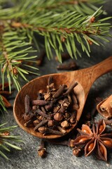 Obraz na płótnie Canvas Different spices. Wooden spoon with clove seeds, anise star and fir branches on gray table, closeup