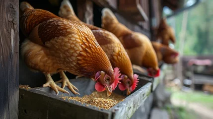 Deurstickers A group of Orpington chickens pecks grains near a wooden structure outdoors. © Irina