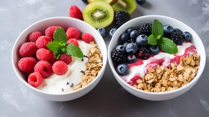Two healthy breakfast bowl with ingredients granola fruits Greek yogurt and berries top view....