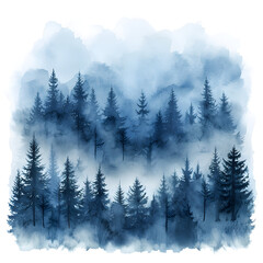 Mystic Blue Forest: Watercolor Pine Trees Shrouded in Mist