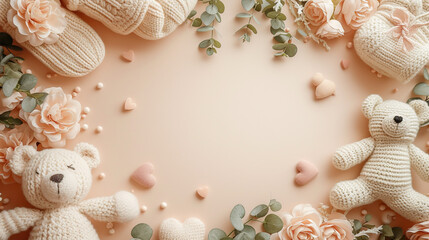 Gender neutral baby shoes and accessories over beige background. baby shower or birth announcement cards, with neutral theme frame , knitted socks, toys and cute accessories