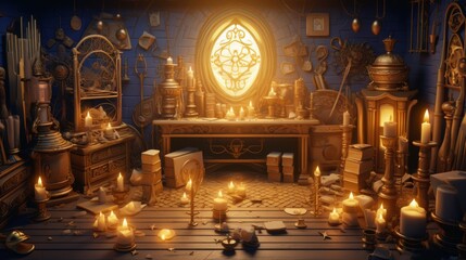 art image of a room full of gold coins, treasures and chalices - obrazy, fototapety, plakaty