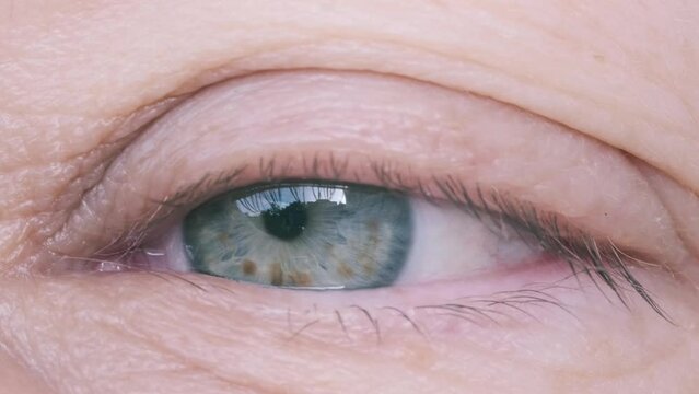 Close-up of eye of middle-aged woman with wrinkles, sagging upper eyelid, Embracing Aging concept, Aging Eyes' Skin, Women's Health, Capturing Age-Related Changes