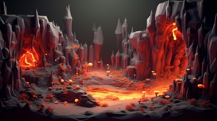 tiny cute isometric art image of a cave with a lava river