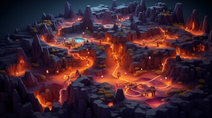 tiny cute isometric art image of a map full of caves with many branches and canyons full of lava