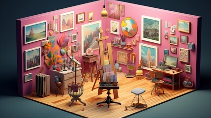 Tiny cute isometric art image of a room full of works of art