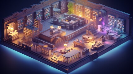 Tiny cute isometric art image of a map of a huge library, widely ramified, spooky style