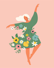 International Women s Day. Vector template with dancing woman and flowers for card, poster, flyer and other.