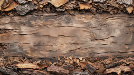 A textured border of tree bark chips with a central wooden surface. - obrazy, fototapety, plakaty