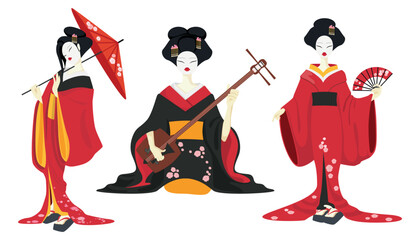 Set of beautiful geisha in cartoon style. Vector illustration of geisha with umbrella, musical instrument, shamisen, fan, in different poses and emotions isolated on light blue background.